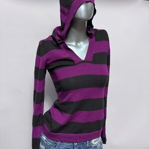 Striped Y2K Purple Hooded V-Neck Sweater